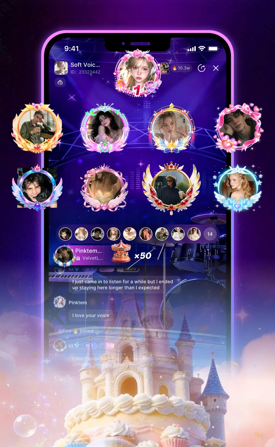 A live Tivo voice room with members on mic seats and messages scrolling below.