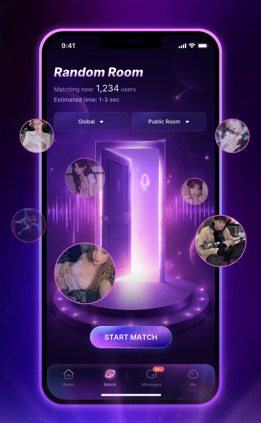 The Tivo match screen: a glowing doorway ringed by member photos, with a Start Match button.